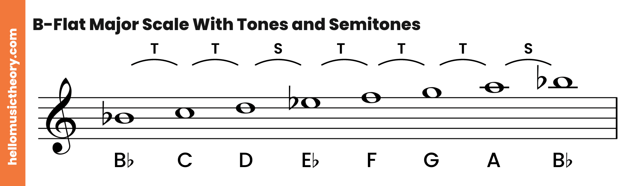 B-Flat Major Scale Treble Clef With Tones and Semitones