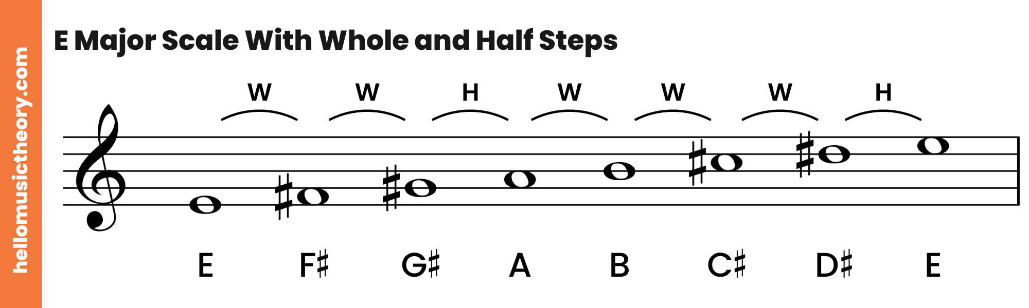 E Major Scale Treble Clef With Whole and Half Steps